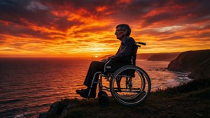 Stephen Hawkings silhuet mod en dramatisk solnedgang over havet