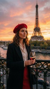 Emily con berretto rosso gode della vista del tramonto sulla Torre Eiffel.