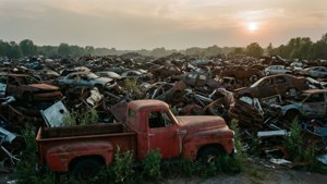 Eine stimmungsvolle filmische Ansicht eines riesigen Schrottplatzes bei Sonnenuntergang mit einem rostigen roten Pickup-Truck.