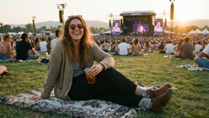 Une scène détendue de quelqu'un profitant d'une boisson sur une couverture au coucher de soleil de Coachella