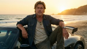 En afslappet F1-filmbaggrund med Brad Pitt og hans bil ved solnedgang.