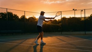 Edberg s'entraîne au backhand au coucher du soleil
