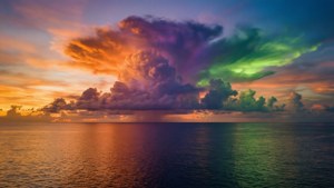 A colorful psychedelic cloud over a serene ocean at sunset.