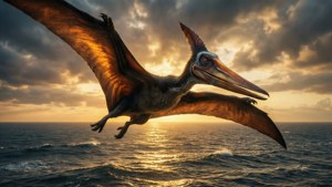 En fantastisk pteranodon glir over et forhistorisk hav ved solnedgang, med gylne fargetoner og dramatiske skyer.