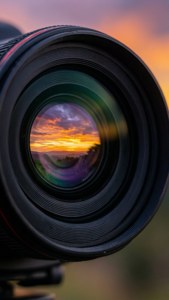 Macro shot of a phone camera lens reflecting a beautiful sunset, with warm bokeh background.