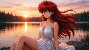 Ranma Saotome i kvinnelig form sittende ved en innsjø ved solnedgang