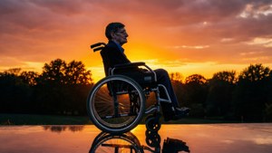 Stephen Hawking wheelchair silhouette at sunset