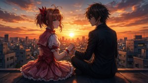 Sakura ja Haruki katolla auringonlaskun aikaan, siluetit ja kaupunkimaisema luovat romanttisen tunnelman.