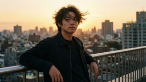 Yungeen Ace profitant d'un coucher de soleil doré avec vue sur la ligne d'horizon de la ville.