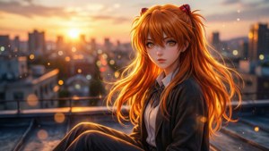 Anime-tjej med livligt orange hår mot en solnedgångsstadsscape, perfekt för tapet.