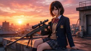 Saya Takagi bersiap di atas atap saat matahari terbenam, senapan runduk di tangan, memancarkan tekad yang tenang.