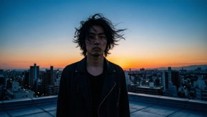 Yaichi als silhouet tegen een prachtige zonsondergang stadsgezicht vanaf een dak