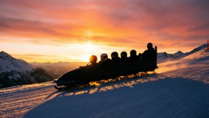 Silhuet af bobslædehold mod en farverig vintersolnedgang