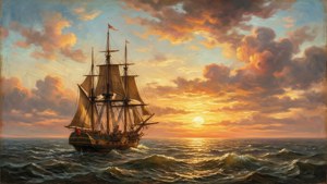 Et gyllent solnedgangslandskap med et majestetisk seilskip, inspirert av van Deventers marinekunst