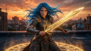 Un guerriero fantasy con capelli blu e spada luminosa si trova su un tetto al tramonto.