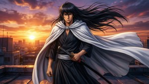 Katsura Kotaro poserar dramatiskt på ett tak vid solnedgång.