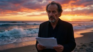 Robert Zemeckis su una spiaggia al tramonto che tiene un copione con luce romantica