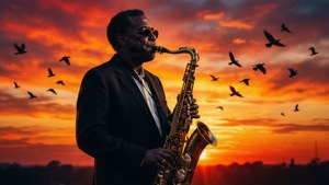 Silhouette of Sidney Bechet playing saxophone at sunset.