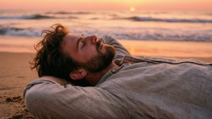 Aron Piper slapper af på en strand ved solnedgang, fredfyldt stemning