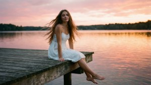 Rauhallinen auringonlaskun laituri kohtaus tytön kanssa valkoisessa kesämekossa, unenomainen ja nostalginen