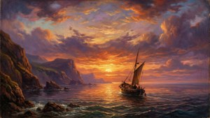 Eine dramatische Küstensonnenuntergangsszene von William Roxby Beverley, mit einem kleinen Boot auf ruhigem Wasser
