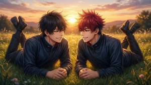 Yuno and Yukiteru lying on grass at sunset. — Future Diary Background