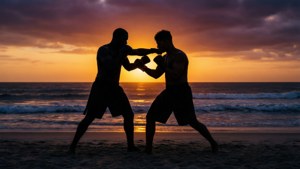 Rich Franklin skuggboxar på en strand vid solnedgång, vilket skapar en fridfull men kraftfull silhuett.