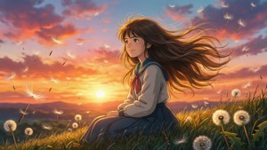 Chica estilo anime con cabello suelto en una colina al atardecer, mirando de lado