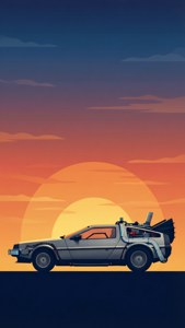 Minimalistisk DeLorean silhuett vid solnedgång, 9:16 bakgrund.