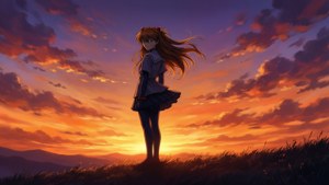 Silhouette of Sachi Umino at sunset, dramatic sky.