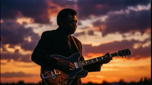 Silhuet af Jimmy Reed der spiller guitar ved solnedgang