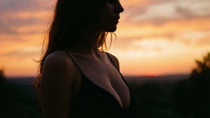Silhouette romantica di una donna con scollatura contro un tramonto vibrante.