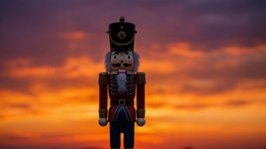 Dramatisk silhuet af en nøddeknækker ved solnedgang.