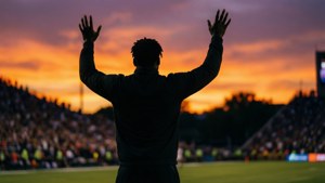 Silhouet van Jeff Okudah tegen een kleurrijke zonsondergang, die een rustig maar krachtig moment oproept.