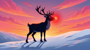 Minimalistischer Vektor von Rudolph als Silhouette vor einem farbenfrohen Sonnenuntergang, Nase leuchtet.