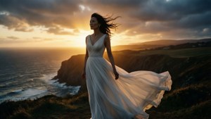 Gemma Chan che guarda l'oceano al tramonto.