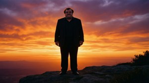 Vredig silhouet van Danny Devito tegen een kleurrijke zonsonderganglucht.