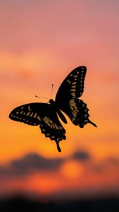 A dramatic silhouette of a butterfly against a colorful sunset sky.