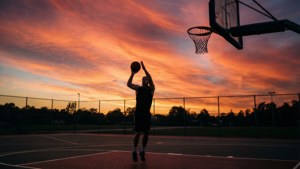 Minimalistic silhouette of Paul Arizin at sunset.
