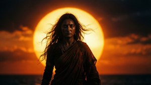 Un fond d'écran cinématographique épique de Prajna en silhouette contre un soleil géant