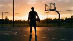 The silhouette of John Wall at sunset on a quiet court.