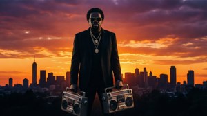 Silhuetas do grupo contra um pôr do sol colorido com um boombox