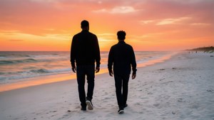 Siluet yang tenang dari Drake dan Josh di pantai saat matahari terbenam