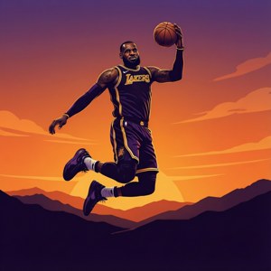 Minimalistische Silhouette von LeBron James, der bei Sonnenuntergang springt.