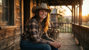 Smiling woman in cowboy hat sitting on wooden porch at golden sunset — Wynonna Earp Picture