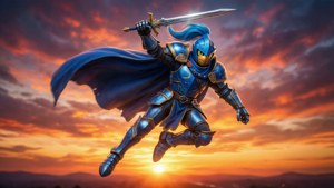 Meta Knight flies dramatically across a fiery sunset sky.