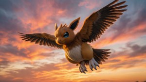 Pidgeotto svæver gennem en betagende solnedgangshimmel med varme farver.