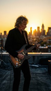 Gary Rossington spiller gitar ved solnedgang på et tak med utsikt over byen.