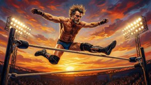 Kunstnerisk fremstilling av Spike Dudley som hopper i varme farger.