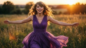 Taylor Swift rent vrolijk door een veld bij zonsondergang, Speak Now-vrijheid.